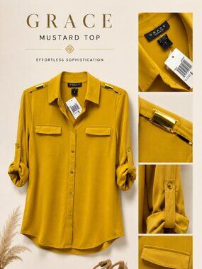 Grace Mustard Button Down Top XS S M L XL NWT
